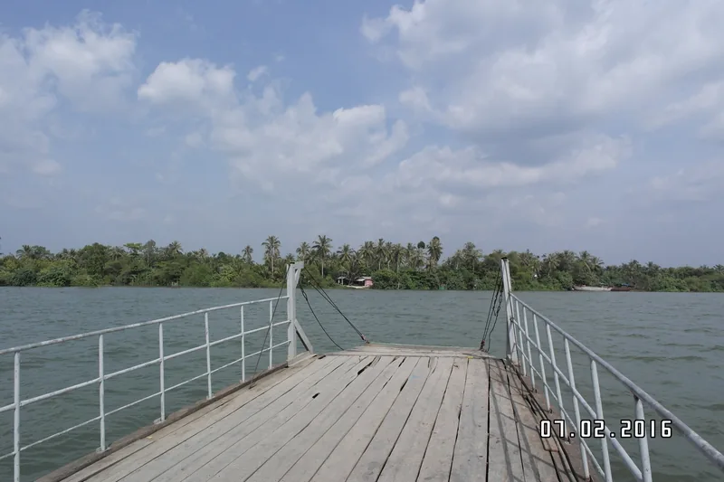 Sàn phà gỗ hướng về bờ sông rợp bóng cây dừa ở vùng Cho Lach, Bến Tre, Đồng bằng sông Cửu Long.