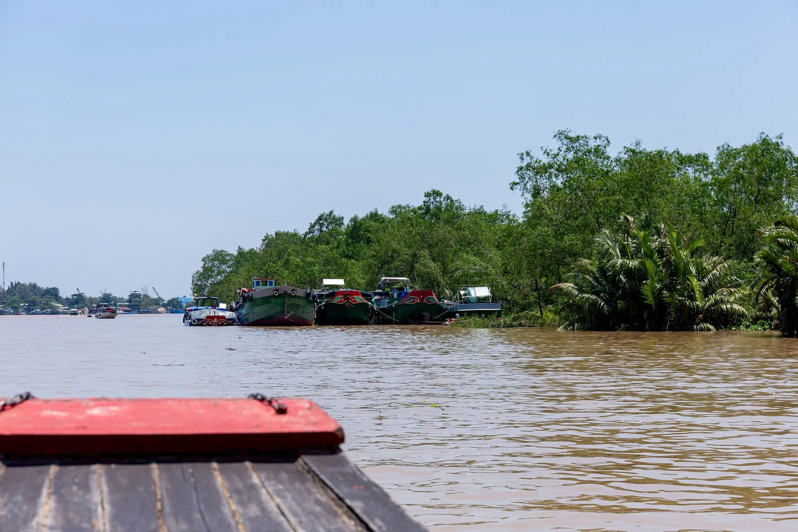 Những chiếc thuyền chở hàng đậu ven sông Mekong nước đục, nhìn từ mũi thuyền gỗ gần Bến Tre.