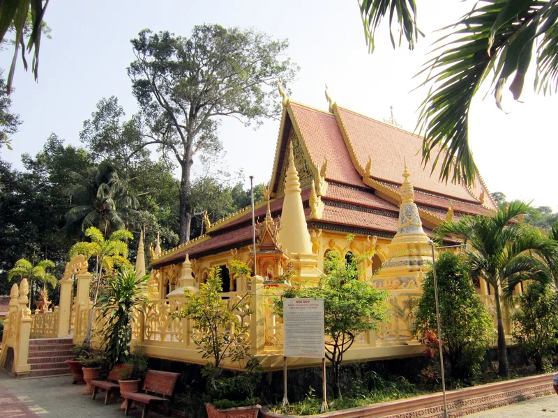 Một ngôi chùa Khmer màu vàng với mái nhiều tầng chạm khắc tinh xảo nằm giữa những hàng cây thốt nốt ở Trà Vinh.